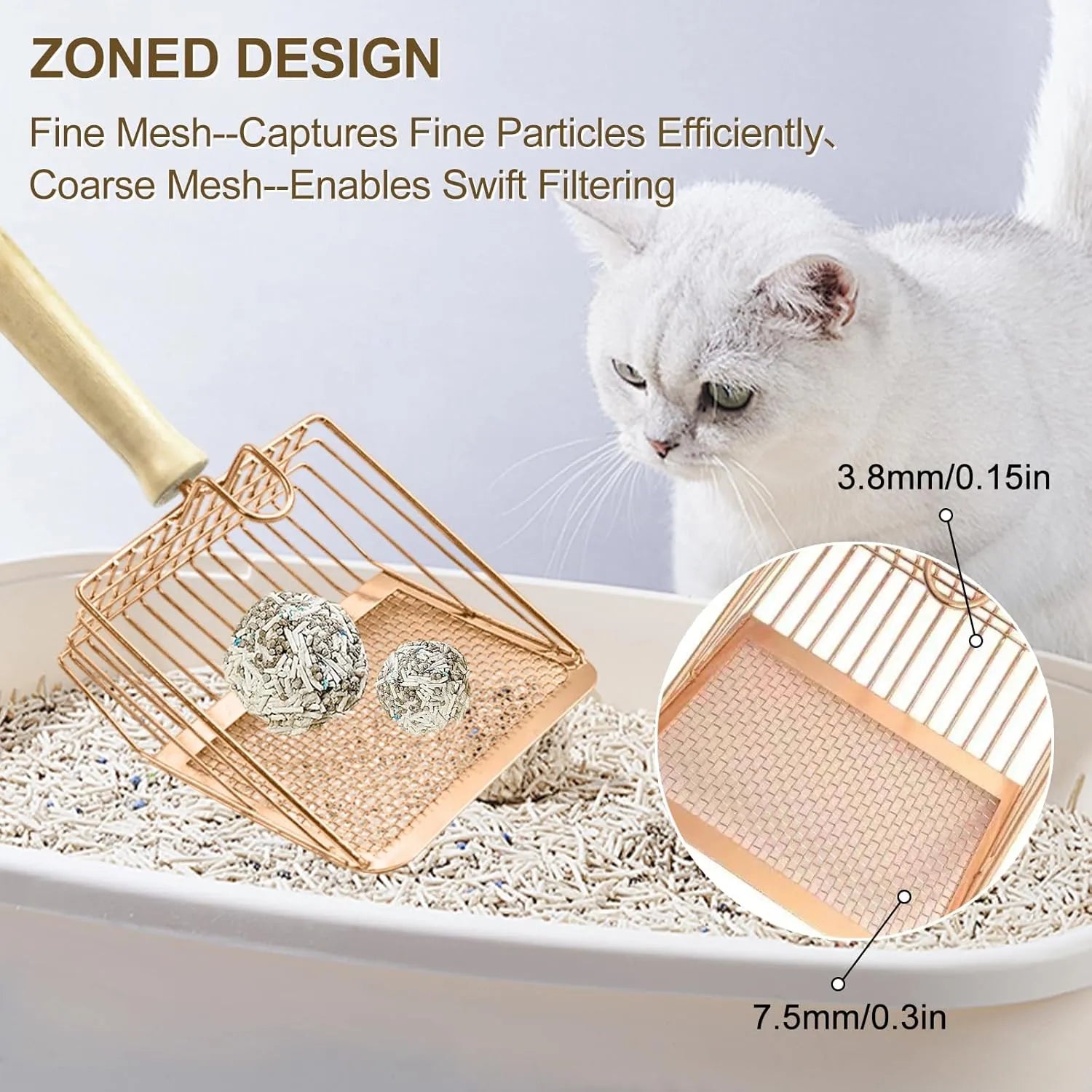 Fluffy Finds Metal Cat Litter Scoop — Deep Sifting Scoop with Wooden Handle & Hook