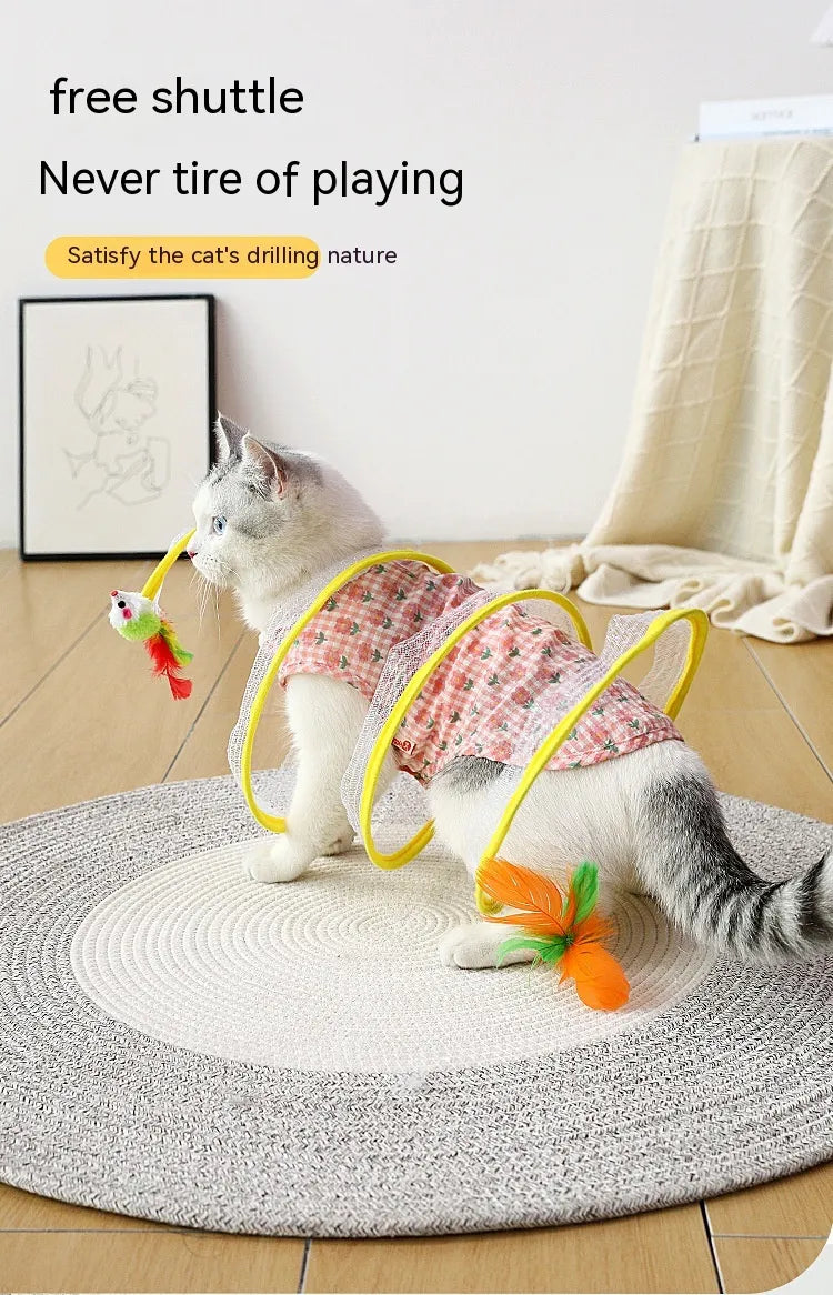 Fluffy Finds Foldable Cat Tunnel Toy — Interactive S-Shape Spring Tunnel with Feathers & Mouse