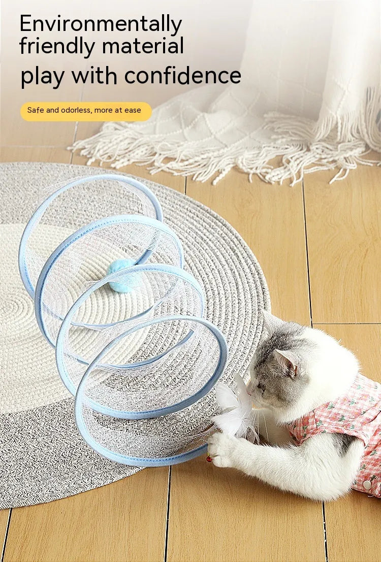 Fluffy Finds Foldable Cat Tunnel Toy — Interactive S-Shape Spring Tunnel with Feathers & Mouse
