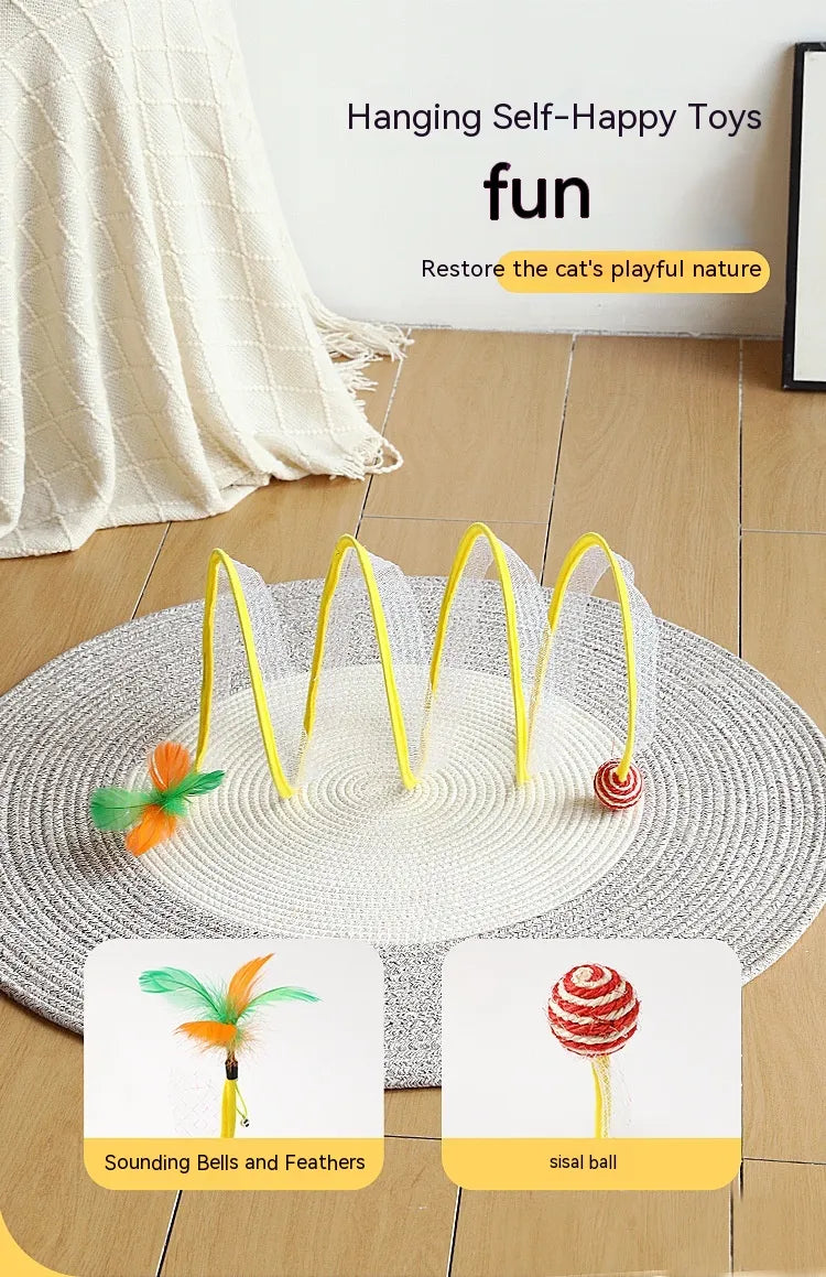 Fluffy Finds Foldable Cat Tunnel Toy — Interactive S-Shape Spring Tunnel with Feathers & Mouse