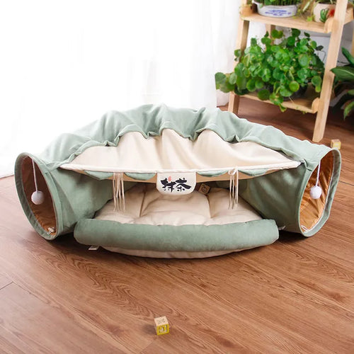 Fluffy Finds 2 in 1 Cat Tunnel Bed — Collapsible Play Tunnel with Cozy Sleep Mat