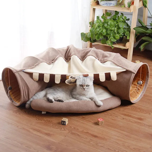 Fluffy Finds 2 in 1 Cat Tunnel Bed — Collapsible Play Tunnel with Cozy Sleep Mat