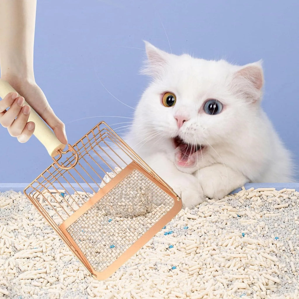 Fluffy Finds Metal Cat Litter Scoop — Deep Sifting Scoop with Wooden Handle & Hook