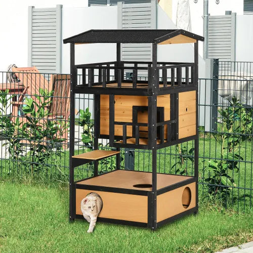Fluffy Finds Wooden Outdoor Cat House — Multi Level Wild Cat Sanctuary & Tree