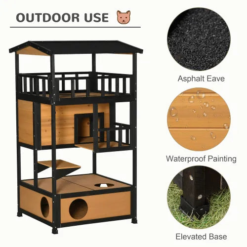 Fluffy Finds Wooden Outdoor Cat House — Multi Level Wild Cat Sanctuary & Tree