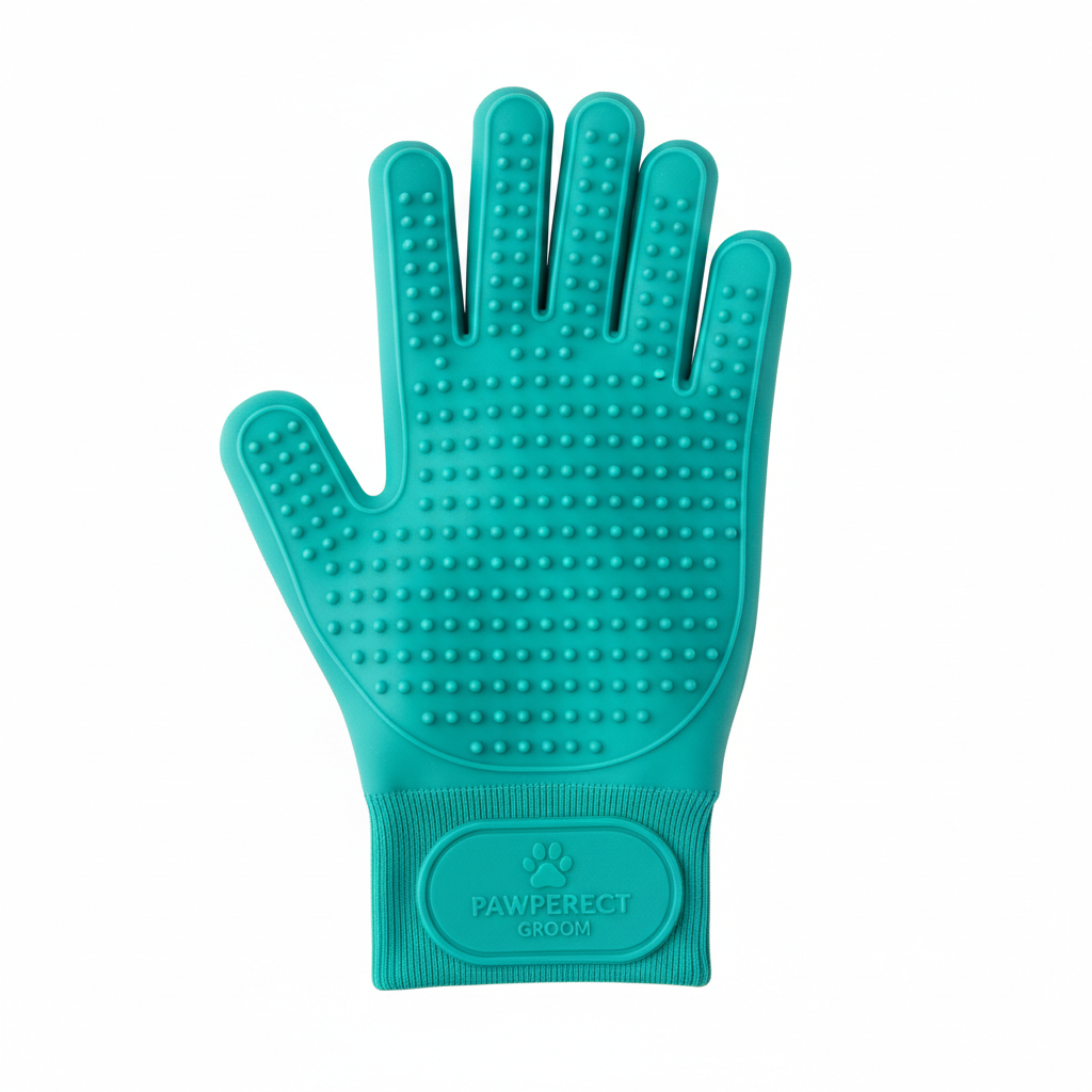 Silicone pet grooming glove with rubber nodules on a white background